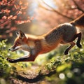 Red fox runs through the undergrowth in the countryside