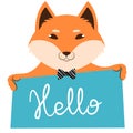 Vector illustration of a cute cartoon fox in a bow tie with banner saying hello