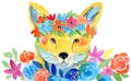 Red fox face watercolor illustration with flowers. Colorful hand painting animals. Royalty Free Stock Photo