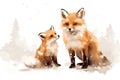 Red fox family in winter forest. Watercolor painting. Vector illustration, two small cute foxes in the snow,illustration,animals Royalty Free Stock Photo