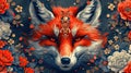 Red fox with floral ornament on dark grunge background. Digital painting Royalty Free Stock Photo