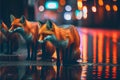 Red fox foxes in urban city at night Royalty Free Stock Photo