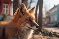 Red fox in front of blurry human settlement street.