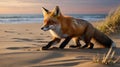 Red Fox Walking on a Sandy Beach at Sunrise Exploring the Coastline Royalty Free Stock Photo