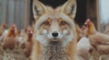 Red fox in henhouse: wildlife and farm animals interaction Royalty Free Stock Photo