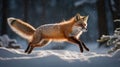 Red Fox Leaping Gracefully Through the Snow in Winter Forest Sunlight Royalty Free Stock Photo