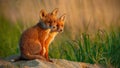Red fox little cubs near den sitting close together. Royalty Free Stock Photo