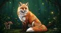 A red fox with lush orange and white fur sits gracefully in an enchanted forest. The Royalty Free Stock Photo