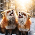 Red fox pair playing in the Funny moment in Winter scene with orange fur wild animal