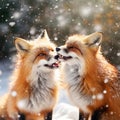 Red fox pair playing in the snow. Funny moment in nature. Winter scene with orange fur wild animal