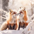 Red fox pair playing in the snow. Funny moment in nature. Winter scene with orange fur wild animal