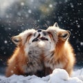 Red fox pair playing in the snow. Funny moment in nature. Winter scene with orange fur wild animal