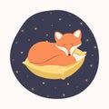 Red fox on a pillow. It's a nice children's illustration. Figure. Print for a postcard.