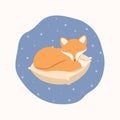 Red fox on a pillow. It's a nice children's illustration. Figure. Print for a postcard.