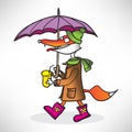 Red fox in a raincoat with coffee, pink boots and a umbrella