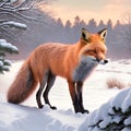 Red fox in a realistic style in the winter forest. The fox is walking in the forest. Winter scene Royalty Free Stock Photo
