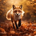 Red fox running on orange autumn leaves. Cute Red Fox Vulpes vulpes in fall forest. Beautiful animal in the nature habitat Royalty Free Stock Photo