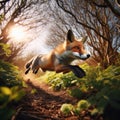 Red fox runs through the undergrowth in the countryside