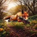 Red fox runs through the undergrowth in the countryside