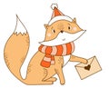 Red Fox in a scarf and a hat with a letter. Winter character - A cute wild animal in clothes. Vector illustration. For Royalty Free Stock Photo