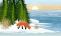 Red fox on the shore of a forest lake. Melting ice, the first snowdrops Royalty Free Stock Photo