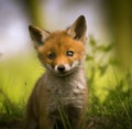 Red fox sits on the grass and looks at the sun.Realistic 3D render of a cheerful and adorable fox with a mischievous grin