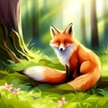 Red fox sits on the grass and looks at the sun.Realistic 3D render of a cheerful and adorable fox with a mischievous grin
