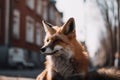 Red fox sitting in front of blurry human settlement street. Generative