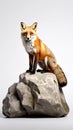 Red fox sitting on a rock against a plain white background, wildlife animal Royalty Free Stock Photo