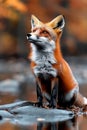 A red fox sitting on a rock in the water Royalty Free Stock Photo