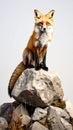 Red fox sitting on a rock with a white background Royalty Free Stock Photo