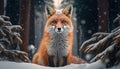 a red fox sitting in the snow in a forest with pine trees Royalty Free Stock Photo