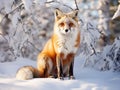Ai Generated illustration Wildlife Concept of Red fox sitting in snow Royalty Free Stock Photo