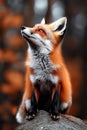 A red fox sitting on top of a rock looking up Royalty Free Stock Photo