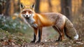 Red fox standing in autumn forest, looking at camera Royalty Free Stock Photo