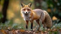 Red fox standing in autumn forest, looking directly at camera Royalty Free Stock Photo