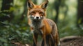 Red fox standing in a forest, looking directly at the camera Royalty Free Stock Photo