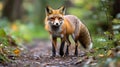 Red fox standing on forest path, looking directly at camera Royalty Free Stock Photo