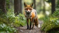 Red fox standing on forest path, looking directly at the camera Royalty Free Stock Photo