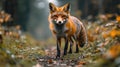 Red fox standing on a forest path, looking directly at the camera Royalty Free Stock Photo