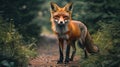 Red fox standing on a forest path, looking directly at the camera Royalty Free Stock Photo