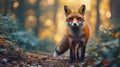 Red fox standing on forest path at sunset, looking directly at camera Royalty Free Stock Photo