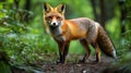 Red fox standing in a lush green forest, looking directly at the camera Royalty Free Stock Photo