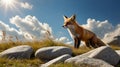 Red Fox Standing on Rocky Hillside Against a Clear Sky with Sun Shining Down Royalty Free Stock Photo