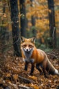 Red Fox Portrait in Autumn Forest Setting with Fallen Leaves on the Ground Royalty Free Stock Photo