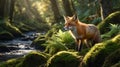 A Lone Red Fox Stands Guard on a Mossy Hillside near a Flowing Stream Royalty Free Stock Photo