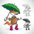 Red fox in a sweater, pink boots and a green umbrella in the rai Royalty Free Stock Photo