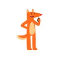 Red fox talking on the phone, cute animal cartoon character with modern gadget vector Illustration on a white background