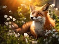 Red Fox Vulpes vulpes beautiful animal at green forest with flowers in the nature habitat evening sun with nice light Royalty Free Stock Photo