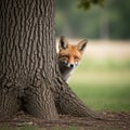 A red fox (*Vulpes vulpes*) peeks from behind a large tree trunk in a natural setting. T Royalty Free Stock Photo